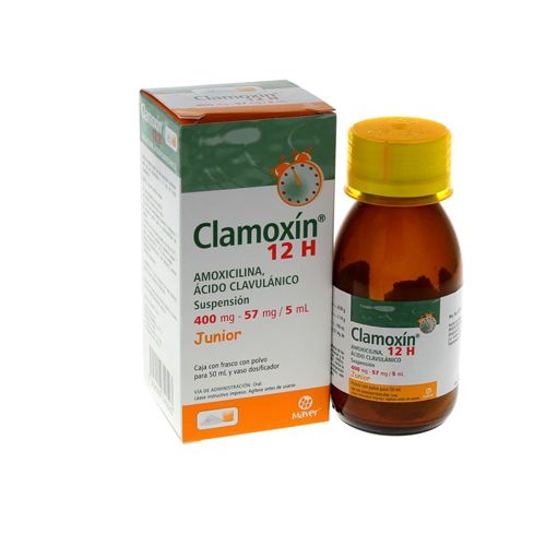 AMOXICILINA TRIHIDRATADA ACIDO CLAVULANICO 400/57 MG/5 ML, CLAMOXIN 12H JUNIOR 50 ml susp