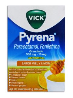 [7590002037843] PARACETAMOL/FENILEFRINA 500/10 mg, 5 sobres, VICK PYRENA MIEL-LIMON