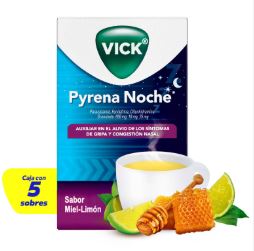 [7500435202107] PARACETAMOL/FENILEFRINA/DIFENHIDRAMINA 650/10/25 mg c/5 sobres granulado sabor miel-limon, VICK PYRENA NOCHE