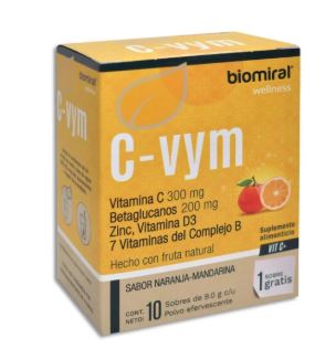 [7503020089503] VITAMINA C/BETAGLUCANOS/ZINC/VITAMINA D3/7 VITAMINAS DEL COMPLEJO B, 10 sob c/9 g, C-VYM NARANJA-MANDARINA