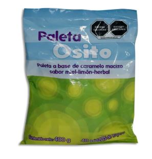 [7502259892328] PALETA DE CARAMELO MACIZO SABOR MIEL-LIMON-HERBAL, 40 paletas, PALETA OSITO