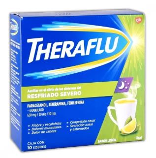 [7501065008473] PARACETAMOL/FENIRAMINA/FENILEFRINA 650/20/10 mg, 10 sob, THERAFLU NOCHE RESFRIADO SEVERO LIMON