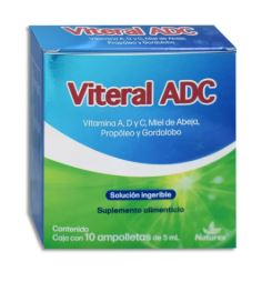 [7502259892212] VITAMINA A, D, C, MIEL DE ABEJA, PROPOLEO Y GORDOLOBO, 10 amp de 5 ml, VITERAL ADC